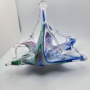 ITALIAN MURANO HAND BLOWN GLASS BASKET WITH HANDLE PINK GREEN BLUE